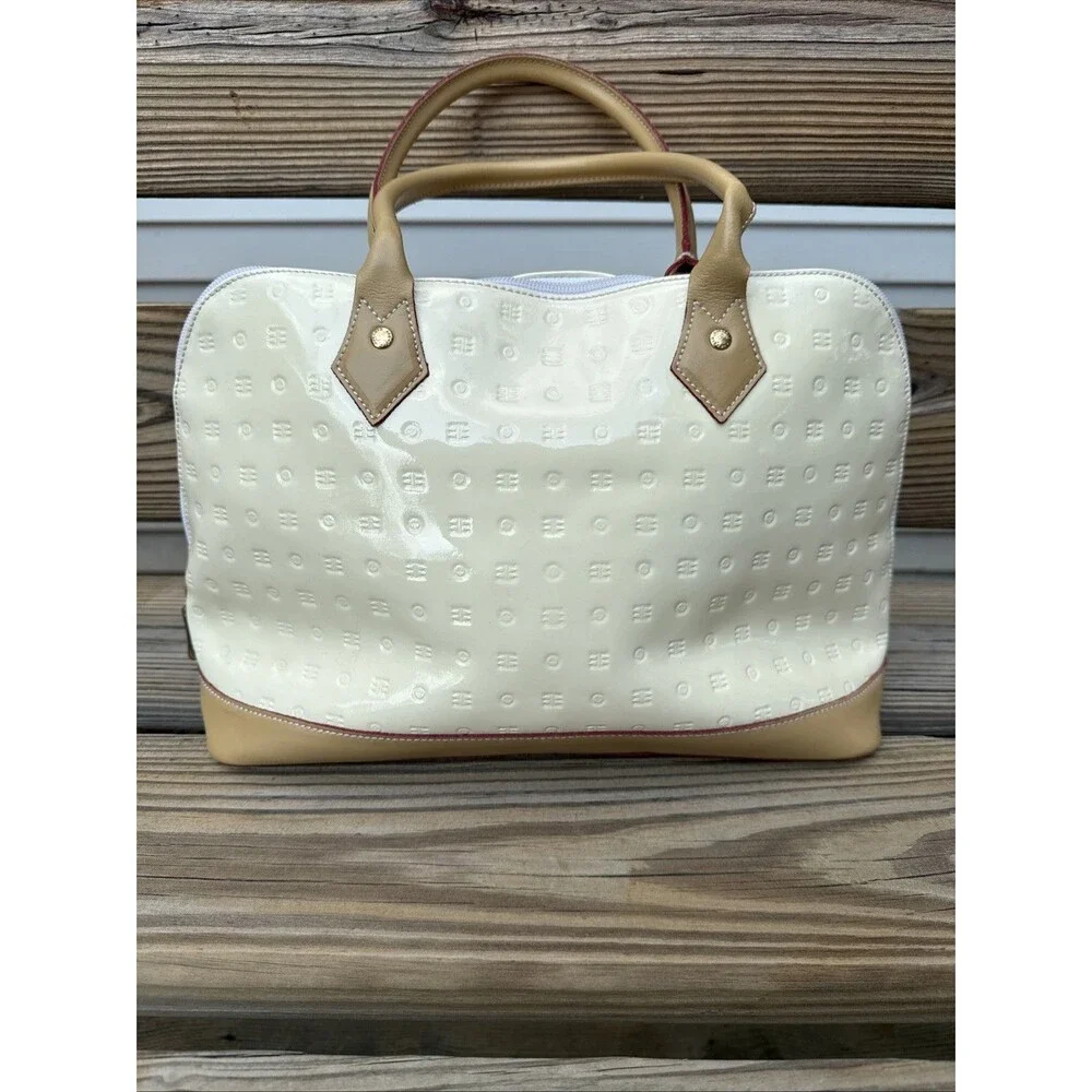 ARCADIA Italy Patent Leather handbang Cream W Gold tone Zip Logo Tan Handles & B - Picture 1 of 11